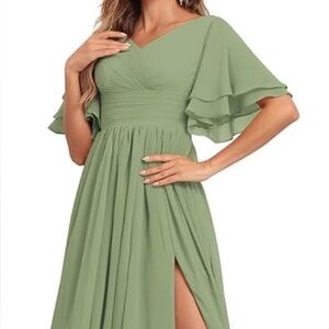 Elegant Sage Ruffle Sleeve Chiffon Evening Gown/Bridesmaid Dress (New w/Tags)